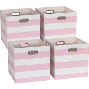11x11 Cube Storage Bins, Collapsible Fabric Storage Cubes, Cubby Storage Organizer Bins Striped Container Baskets for Organizing Home Office Wardrobe Closet Shelf, Pack of 4, Pink/White