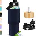 PROBTTL 40 oz Glass Tumbler with Handle - Sports Clear Borosilicate Glass Water Bottle with Straw, Silicone Sleeve, 2 Lids - Handle Spout & Bamboo Straw Lid, Fits Car Cup Holder, Leakproof (Navy Blue)