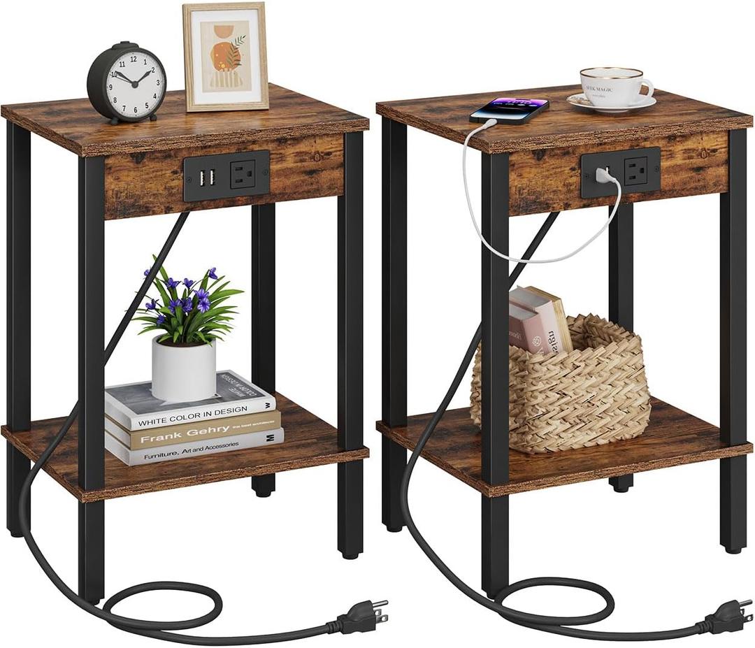 VIMBER Side Table with Charging Station, Set of 2 End Tables with USB Port and Outlets, Nightstands with 2-Tier Storage Shelves, Sofa Table for Small Space, Living Room, Bedroom, Rustic Brown 102F2