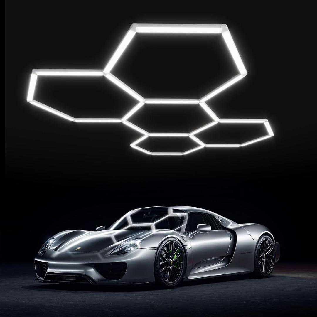 Powfloven Hexagon LED Garage Lights, 7W 21840LM Honeycomb Ceiling Light, 25 Pack Car Detailing Shop Lighting for Garage Gym Home Wall Warehouse Workshop Basement Wash Room Super Market Office etc.