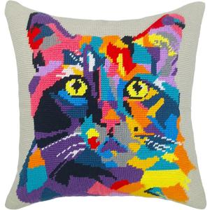 Howie's Needle Point Kits for Adults Beginners, Furbish Cat Needlepoint Pillow Front Kit with Stamped Pattern on Canvas, Yarn, 2 Needles and Instruction, 16 x 16inch (Pop Art Cat)