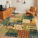 Flowers Patchwork Area Rugs for Living Room,Washable 5x7 Vintage Cottagecore Botanical Rug, Green Boho Carpet, Non-Slip Low Pile Rug for Bedroom Dining Room Office Home Hardwood Floor