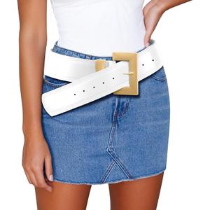 Chunky Western Belts for Woman, Boho Leather Belt with Big Buckle, Cowgirl Hip Fashion Accessory for Dresses (White-classic Style With Gold Buckle, M: Fit Waist Size 31"-36")
