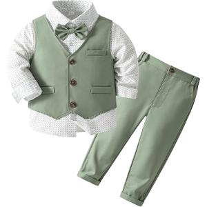 Kimocat Boys 3Pcs Clothing Sets Elegant Long Sleeve Shirts + Vest with Flower+Pants Party Suit 90
