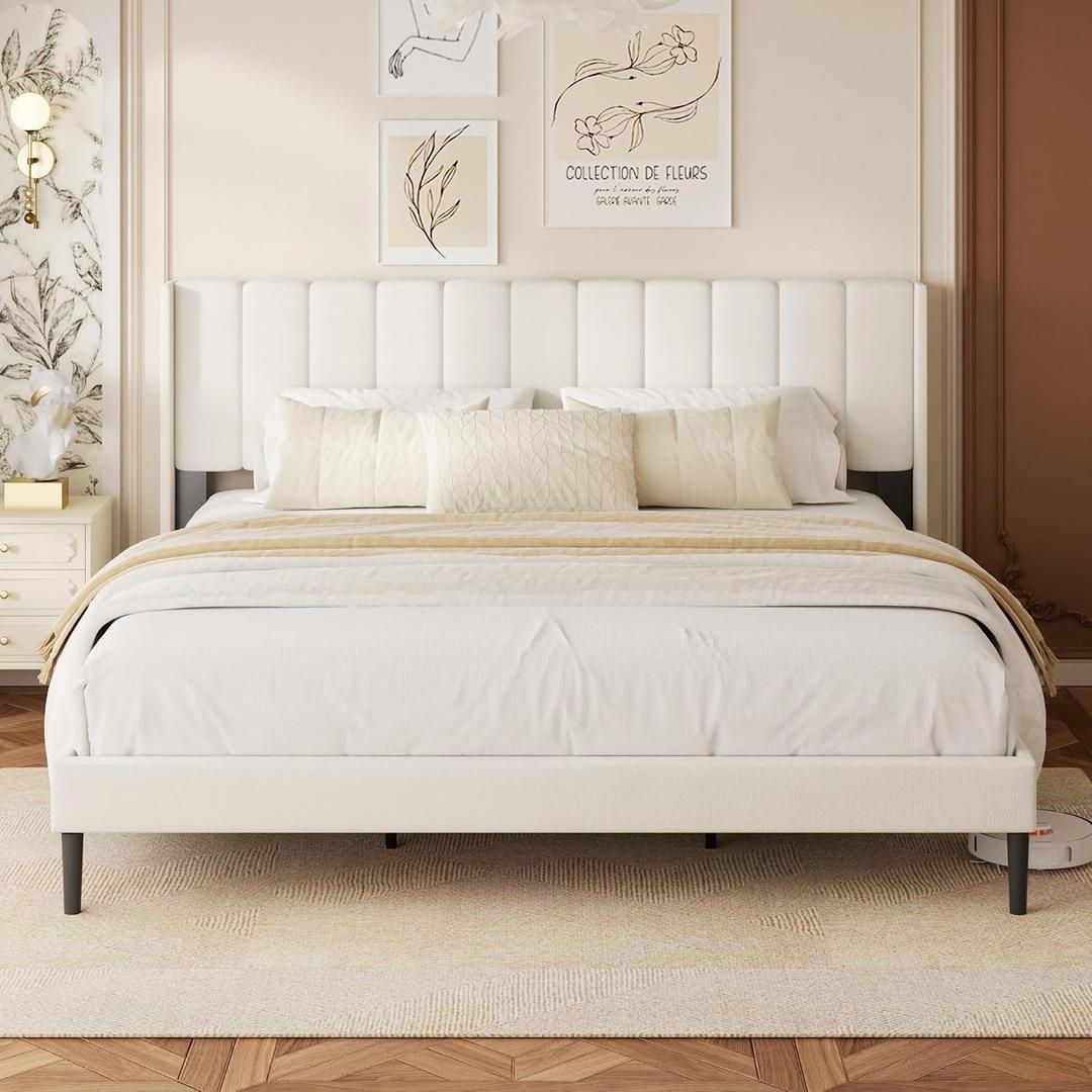 HAOARA King Size Bed Frame with Vertical Chanel Tufted Headboard and Wingback, Upholstered Platform Bed, Strong Wooden Slats, Easy Assembly, Noise Free, No Box Spring Needed, Beige Velvet