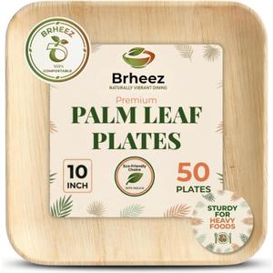 brheez Bamboo Plates Disposable Palm Leaf Plates | 10 inch bamboo dinner plates | Eco Compostable Biodegradable Plates 50 piece