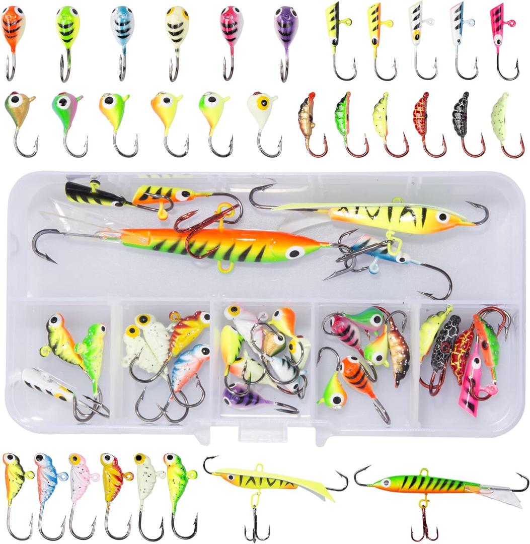 Ice Fishing Jigs,Ice Fishing Lures Kit in Tackle Box,Crappie Jig Heads for Winter Ice Jigging (14pcs/15pcs/16pcs/31pcs)