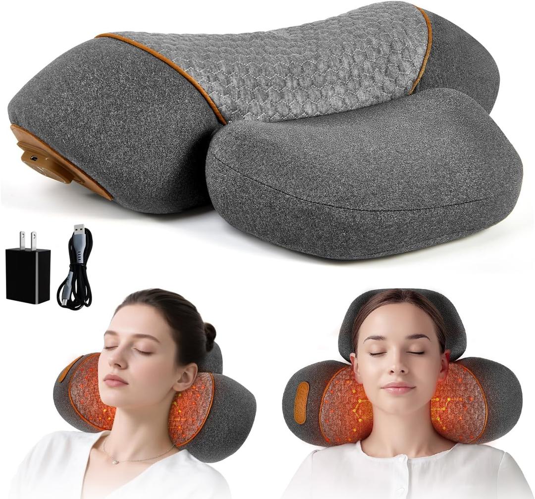 3-in-1 Rechargeable Neck Massager Pillow with Heat, Vibration & Traction, Deep Tissue Pain Relief, Neck Hump Corrector & Cervical Support for Home Office Travel (Gray)