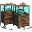 TUTOTAK LED End Table with Charging Station, Nightstand with Cloth Drawer, Side Table with 1 USB Port and 1 Type-C Port, Set of 2, Couch Table, Brown TB01BB052L, Plug and Led