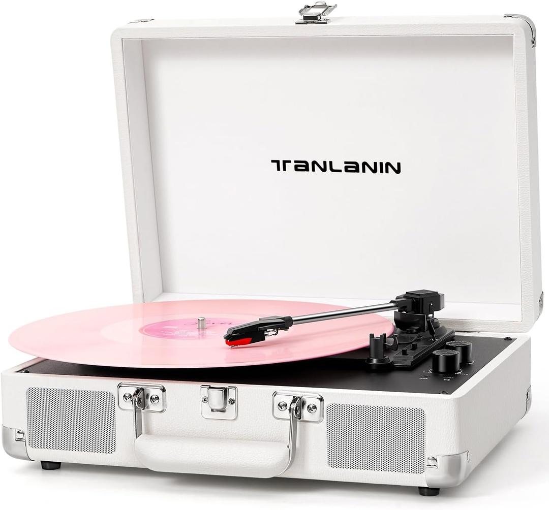 Record Player with Built-in Stereo Speakers 3-Speed Bluetooth Portable Suitcase Vinyl Record Player Treble & Bass Gain Belt Drive Vintage Turntable AUX Line-in/Out, White