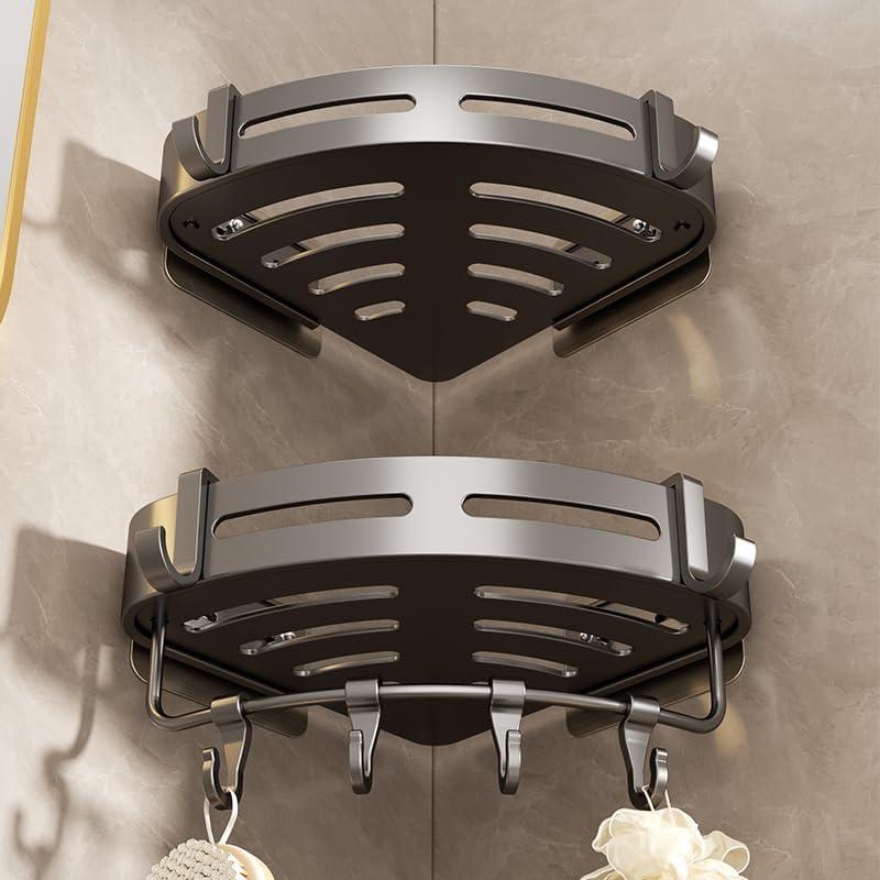 LONGRUI 2-Pack Plastic Corner Shower Shelf, Gray  No-Drill Wall-Mounted Bathroom Organizer with Hooks, Waterproof Storage Rack for Bathroom & Kitchen