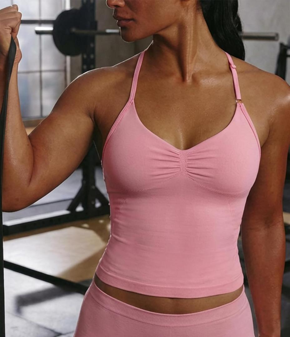 Womens Workout Tank Tops Adjustable High Impact Longline Strappy Top Sleeveless Gym Yoga Bra Camis with Removable Pads (Small, Pink)