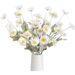 32 Heads Artificial Poppies 8PCS White Silk Poppy Flowers Faux Flowers with Stems for Wedding Bouquet Home Party Garden Outdoor Decoration(White)