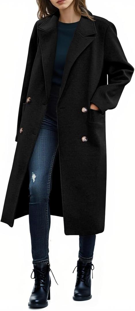 Saodimallsu Womens Winter Double Breasted Pea Coats Long Trench Coat Casual Work Office Overcoat with Pocket (Black, XL)