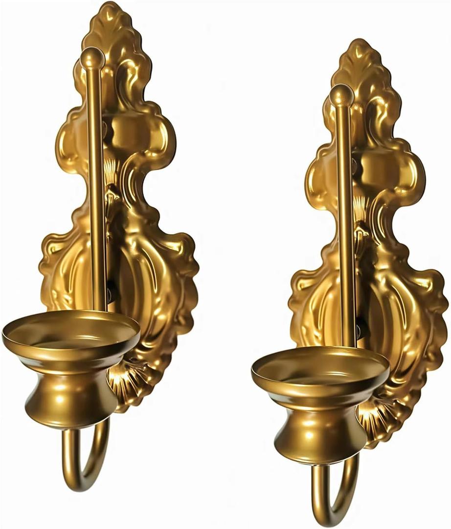Wall Sconce Candle Holder, Metal Wall Mounted Candle Sconces, Iron Pillar Candle Sconce for Room, Hallway, Entryway, Bathroom, 2 Pack (New Version,Gold)