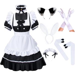 Irtysh Anime French Women Bunny Maid Sweet Kawaii Costume Cosplay Dress Furry Cat Ear Gloves Socks set (Medium, Black)