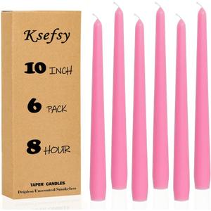 Ksefey 10 Inch Pink Taper Candles Set of 6 - Dripless,Unscented,8 Hours Burn Time-Perfect for Wedding,Dinner,Party and Home Decor