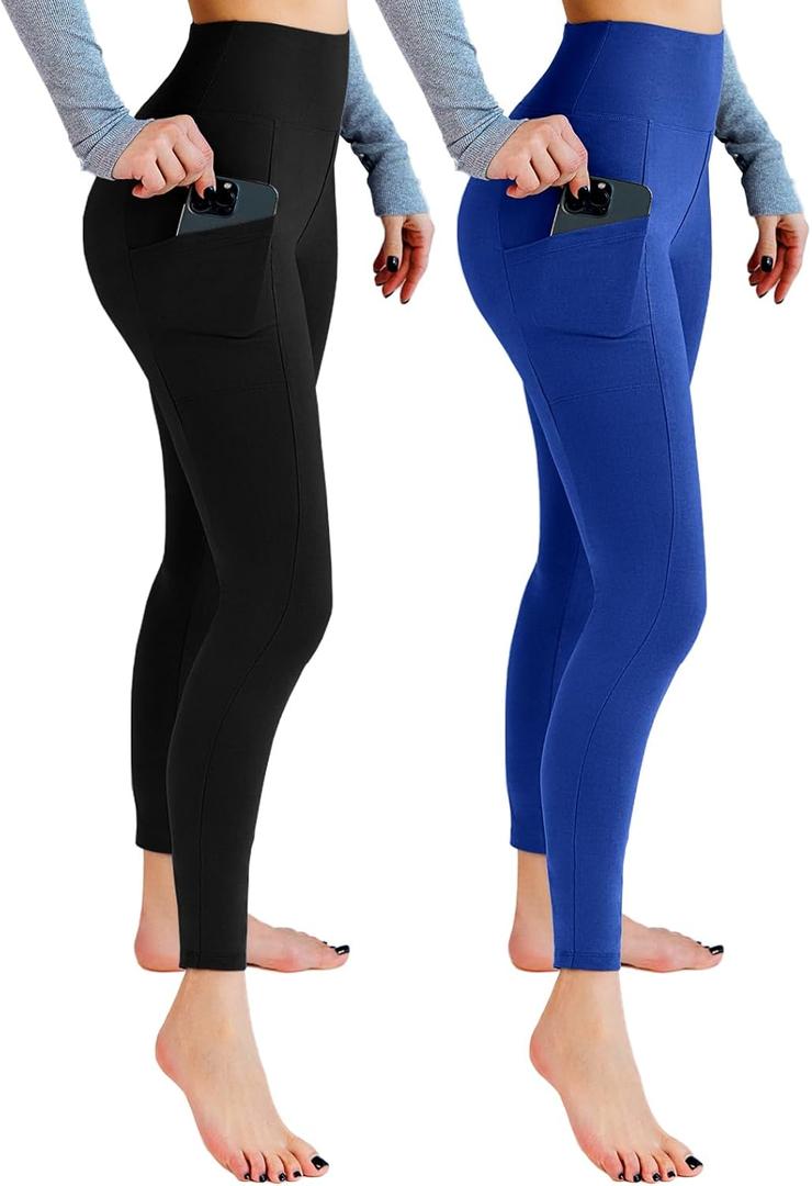 Leafigure 2 Pack Leggings with Pockets for Women, High Waisted Soft Leggings for Yoga Gym, Small-Medium