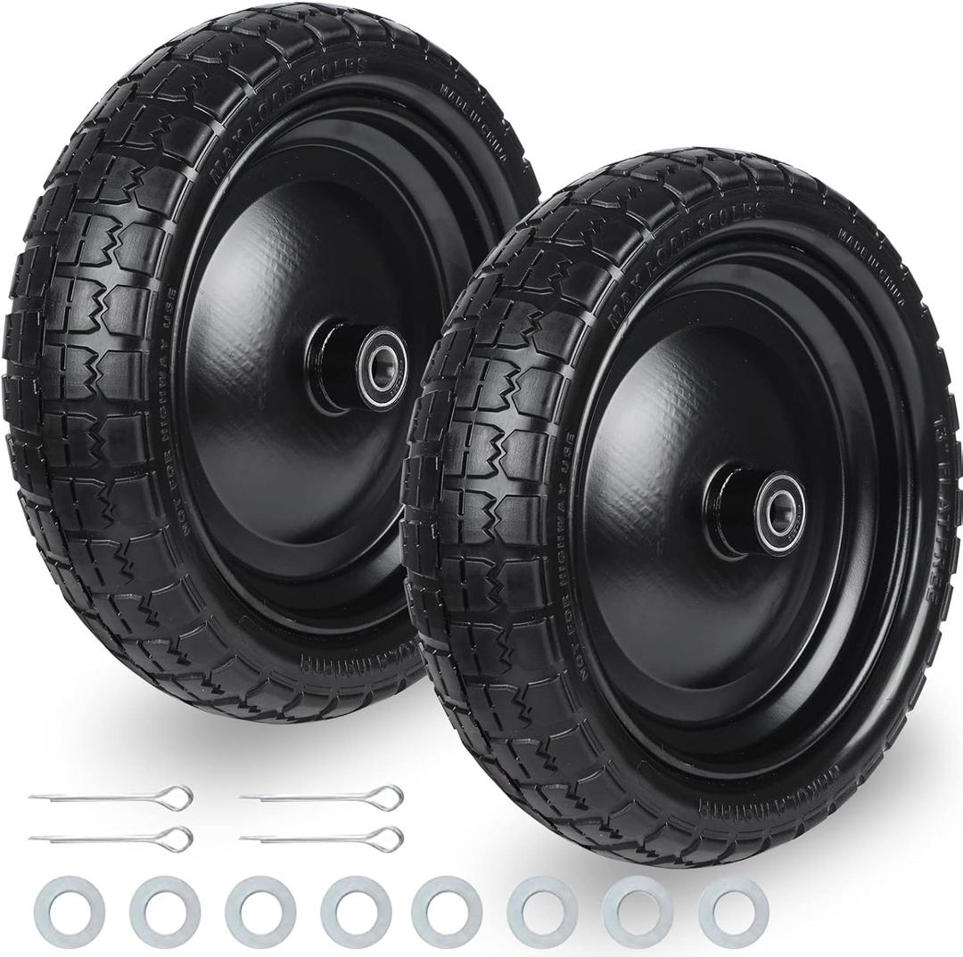 13" Solid Flat Free Tires and Wheels 2 Pcs, 3.50-9 Rubber Tire Replacement Axle Bore Hole, Air less Wheel for Hand Truck/Trolley/Garden Cart/Lawn Mower/Wheelbarrow, 2Packs, Black