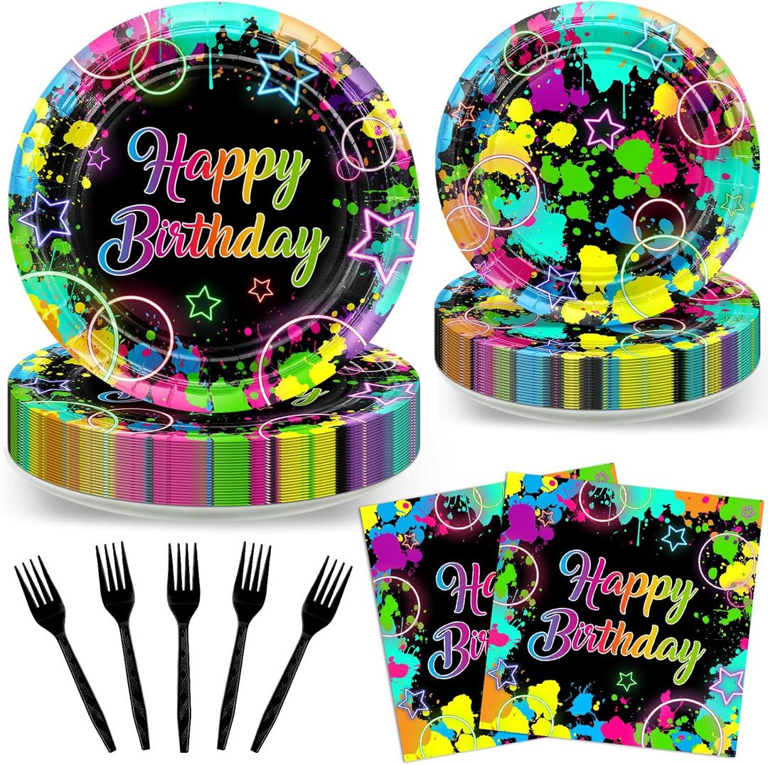 Avezano 96 PCS Neon Birthday Party Decorations Glow Neon Happy Birthday Plates Napkins Tableware Glow in the Dark Party Supplies, Serves 24