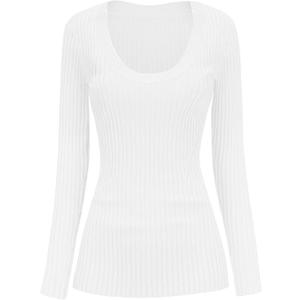 v28 Women Scoop Neck U-Neck Knit Long Sleeve Slim Fit Ribbed Sweater Tops (White, XL)