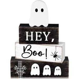 4 Pcs Halloween Table Decorations Ghost Tiered Tray Decor Farmhouse Ghost Tabletop Centerpiece Rustic Wooden Block Sign Gift Halloween Decor for Home Office Mantel Kitchen Shelf
