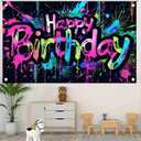 Neon Happy Birthday Banner - 71x43 Photography Backdrops, Party Background Decorations, Colorful Graffiti Splash Paint Kids Birthday Supplies, Glow in The Dark