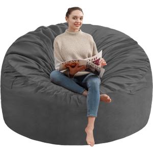 5FT Bean Bag Chair, Large Bean Bag Chairs with Memory Foam Filled, Fluffy Beanbag Sofa with Dutch Velvet Cover, Round BeanBag Chairs for Living Room, Playroom - Grey (5FT- 50"x50"x24")