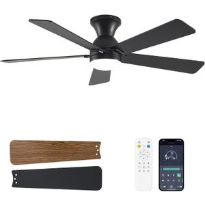 Ceiling Fans with Lights and Remote, 48 Inch Ceiling Fan with Light, Low Profile Reversible Fandelier Ceiling Fan, Dimmable LED, Flush Mount, Quiet DC Motor, for Bedroom Kitchen Dining Room (Black)