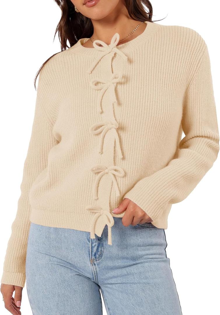 Women's Cardigan Sweaters Bow Button Down Cardigans Fall Fashion Clothes Knit Tie Open Front Coats (Beige, L)