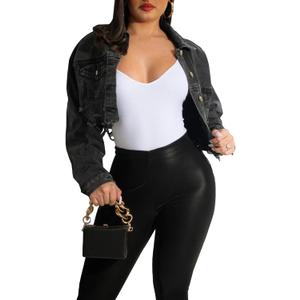 ZERMOM Women's Cropped Denim Jacket Button Down Long Sleeve Fitted Crop Top Jean Coat (Large, Black)