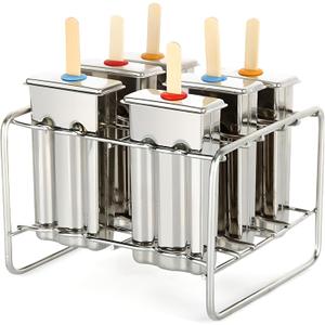 Stainless Steel Popsicle Molds, Set of 6 Ice Cream Maker, Ice Pop Molds With Holder, Metal Reusable Homemade Popsicle Molds with Sticks and Bags (Flat Head, with Slot)
