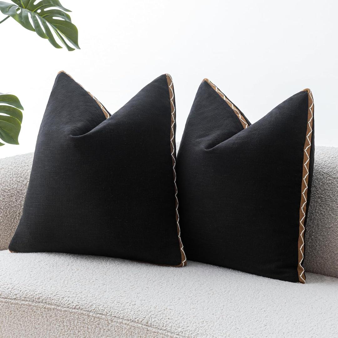 Decorative Neutral Linen Throw Pillow Covers 18x18 Inch Set of 2, Black Boho Farmhouse Pillow Covers with Braid Fringe for Sofa Bed Modern Couch Pillow Cases for Organic Home Decor
