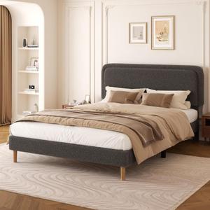 Queen Size Boucle Upholstered Platform Bed Frame with Adjustable Headboard, Soft Cloud Bed, No Box Spring Needed, Easy Assembly, Noise Free, Dark Grey