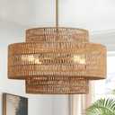 4-Light Boho Rattan Chandelier Light Fixture, 17.7” Hand Woven Rustic Chandeliers Farmhouse Chandelier Hanging Light for Dining Room Kitchen Island, Living Room, Foyer