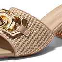 Coutgo Womens Raffia Slide Sandals Chunky Block Heeled Square Open Toe Metal Chain Slip on Mules Dressy Shoes, 7.5