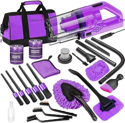 Viewsun 17PCS Car Cleaning Kit, Purple Car Interior Detailing Kit with High Power Handheld Vacuum, Detailing Brush Set, Windshield Cleaner, Cleaning Gel, Complete Auto Accessories for Women Gift