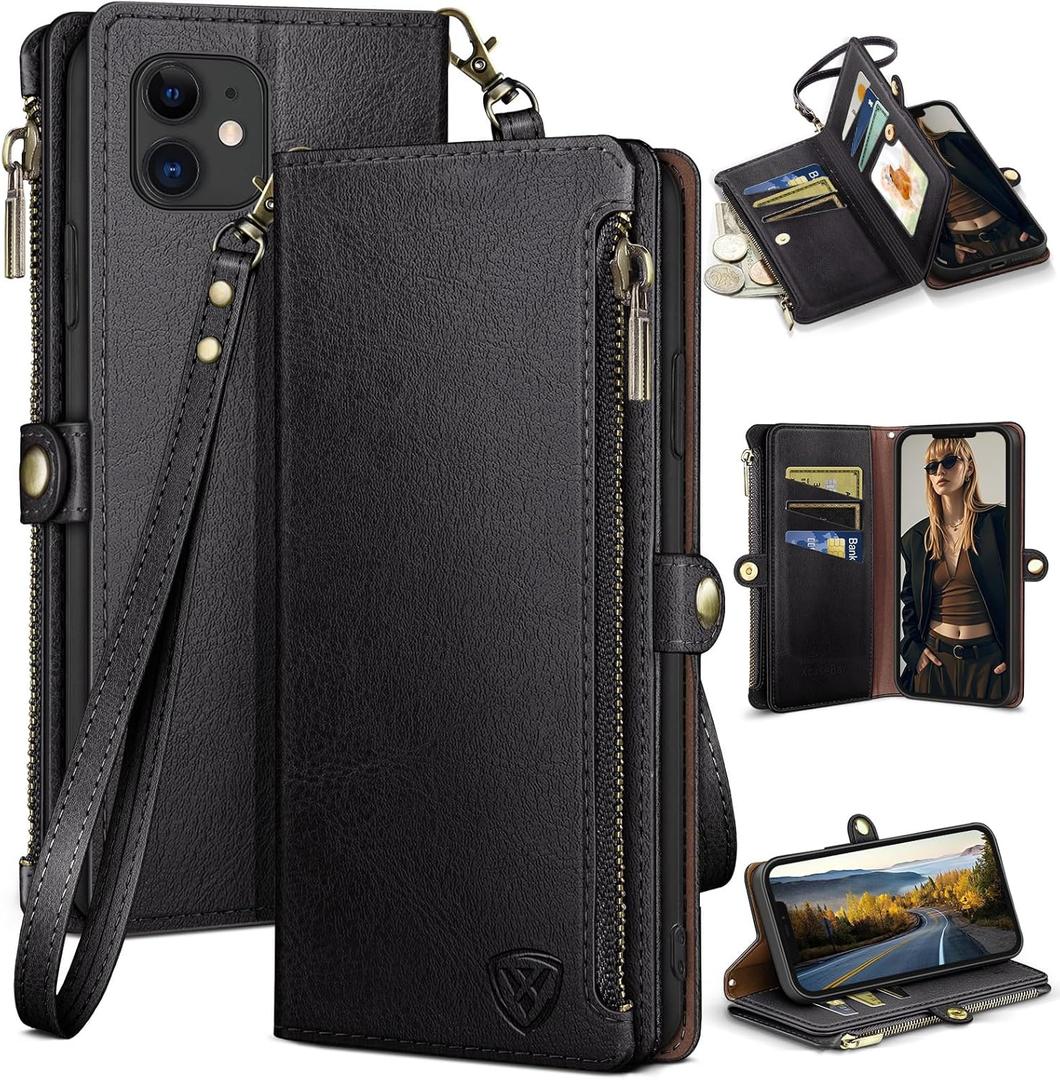 XcaseBar Compatible with iPhone 12/12 Pro 6.1" Wallet case with Zipper Credit Card HolderRFID Blocking,Flip Folio Book PU Leather Phone case Shockproof Cover Men Women for Apple 12 case Black