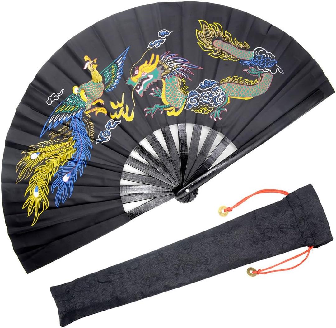 OMyTea Bamboo Large Rave Folding Hand Fan for Men/Women - Chinese Japanese Kung Fu Tai Chi Handheld Fan with Fabric Case - for Performance, Decorations, Dancing, Festival, Gift (Dragon & Phoenix)