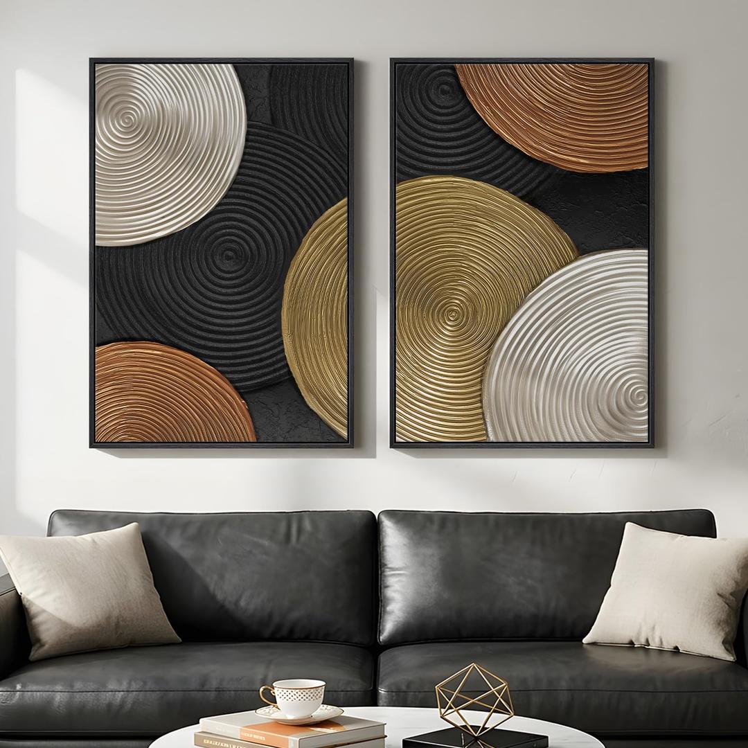Large Framed Abstract Circles Wall Art Set of 2 for Living Room, Modern Minimalist Neutral Gold Black Beige Canvas Artwork for Walls, Luxury Painting Print Wall Decor for Bedroom Office, 24x36 Inch
