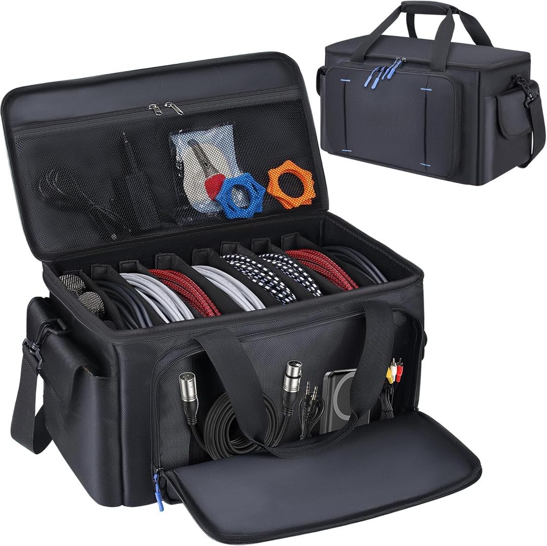 Large DJ Cable File Bag with 8 Detachable Dividers, DJ Bag Padded with Multi-Compartment & Pockets for Music Equipment, DJ Travel Gig Bag Cords Organizer for Musician Instrument