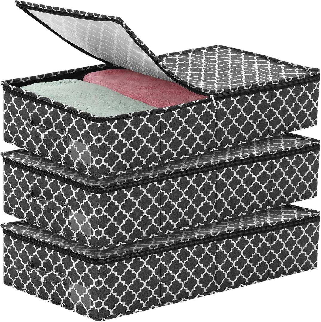 3 Pack Under Bed Storage Container Bags with Sturdy Zipper 32'' L x 16'' W x 6'' H Foldable Storage Organizer Bins with Clear Window and Reinforced Handles for Organized Clothes Pillows