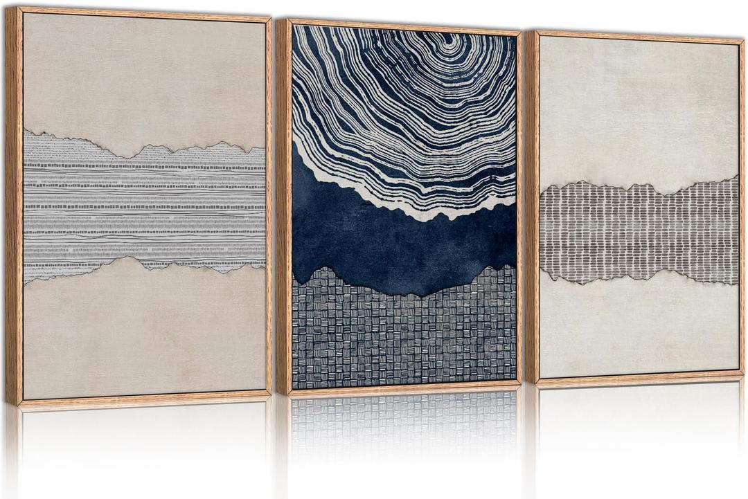 LHIUEM Large Navy Blue Abstract Shapes Framed Canvas Wall Art Set,Modern Tree Rings Wall Decor,Neutral Wooden Artwork for Living Room,Bedroom,Dining Room,Office  - 24"x36"x3
