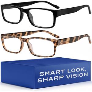 Gaoye 2-Pack of Reading Glasses - Blue-Light Filter, UV Protection - Readers with Rectangle Frames (1 Black + 1 Leoparde)