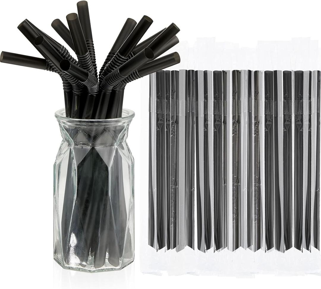Tessco for you 300 Pcs 9.06 Inch Jumbo Smoothie Straws Large Bubble Tea Striped Plastic Straws Individually Wrapped Wide for Milkshake Juice Drinking(Flexible,Black)