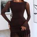 OZICERD Women Boat Neck Bodycon Mini Dresses Long Sleeve Going Out Dress Ruffle Mesh Short Elegant Club Cocktail Party Dress (Red, M)