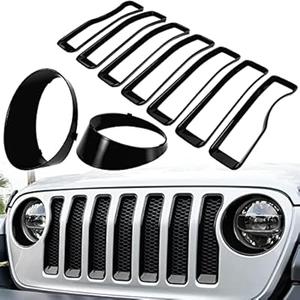 Front Grille Mesh Inserts & Headlight Cover for Jeep Wrangler JL JLU Unlimited Sport/Sports 2018-2023 Exterior Accessories Clip-in Grille Guard Cover Headlight Bezels Trim Ring (Black 9PCS)