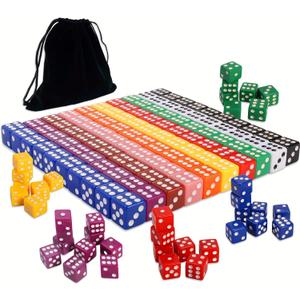 100PCS 16mm(0.63 inch) Game Dice Set 10 Vibrant Colors, Square Cornered D6 Dice with Velvet Storage Bag Ideal for Board Games, Teaching, Party, and Classroom Use