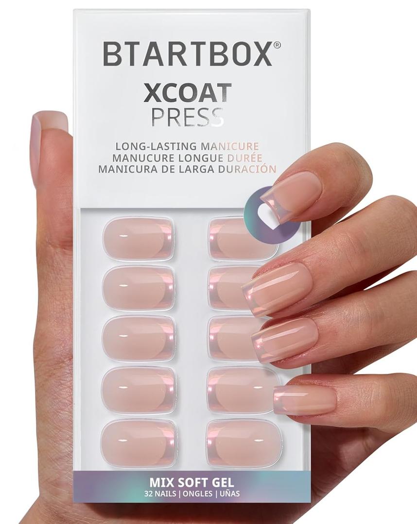 BTArtbox Press On Nails Short - Muted Glitz, Lamp-Curable Nude Chrome French Tip Square Press On Nails with Glue and Adhesive Tabs for Women in 16 Sizes - 32 Nails All-in-One Kit