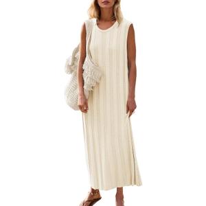 Fisoew Women Summer Sleeveless Maxi Dress Scoop Neck Ribbed Knit Tank Dress (Beige)